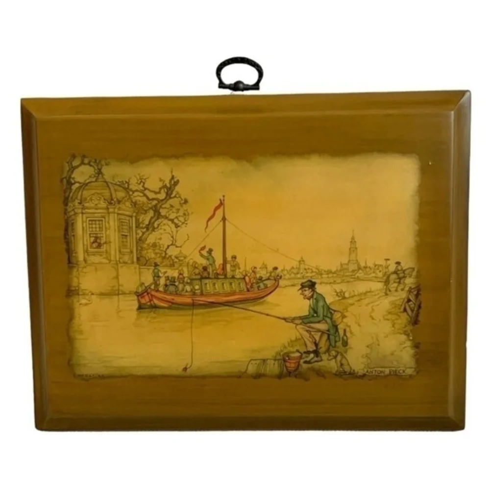 Marcy Lawson Decoupage Wood Frame Fisherman Village Scene Vintage Handmade 9x7